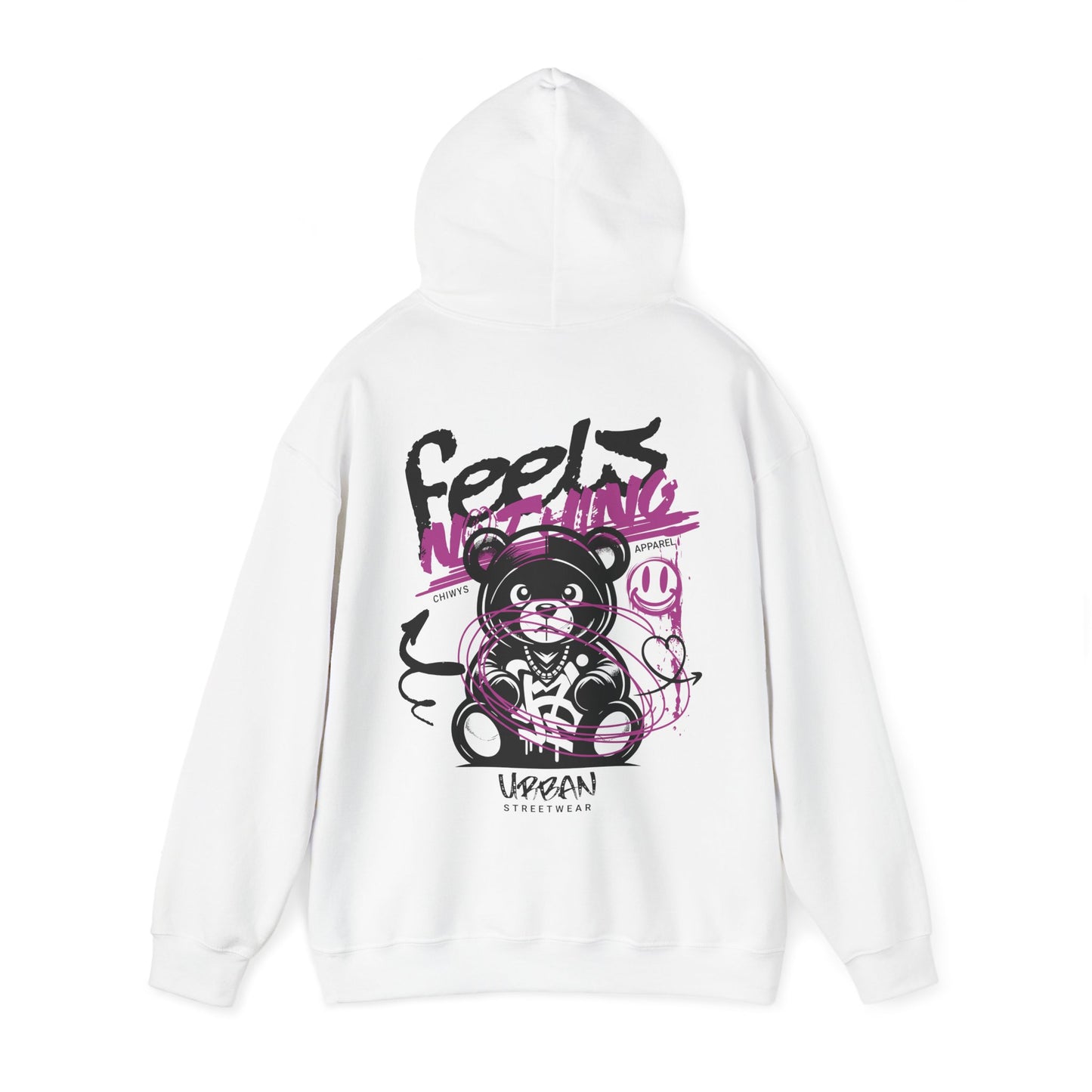 Sudadera con capucha gráfica unisex de moda - "Feels Nothing" Urban Streetwear, color Blanco.