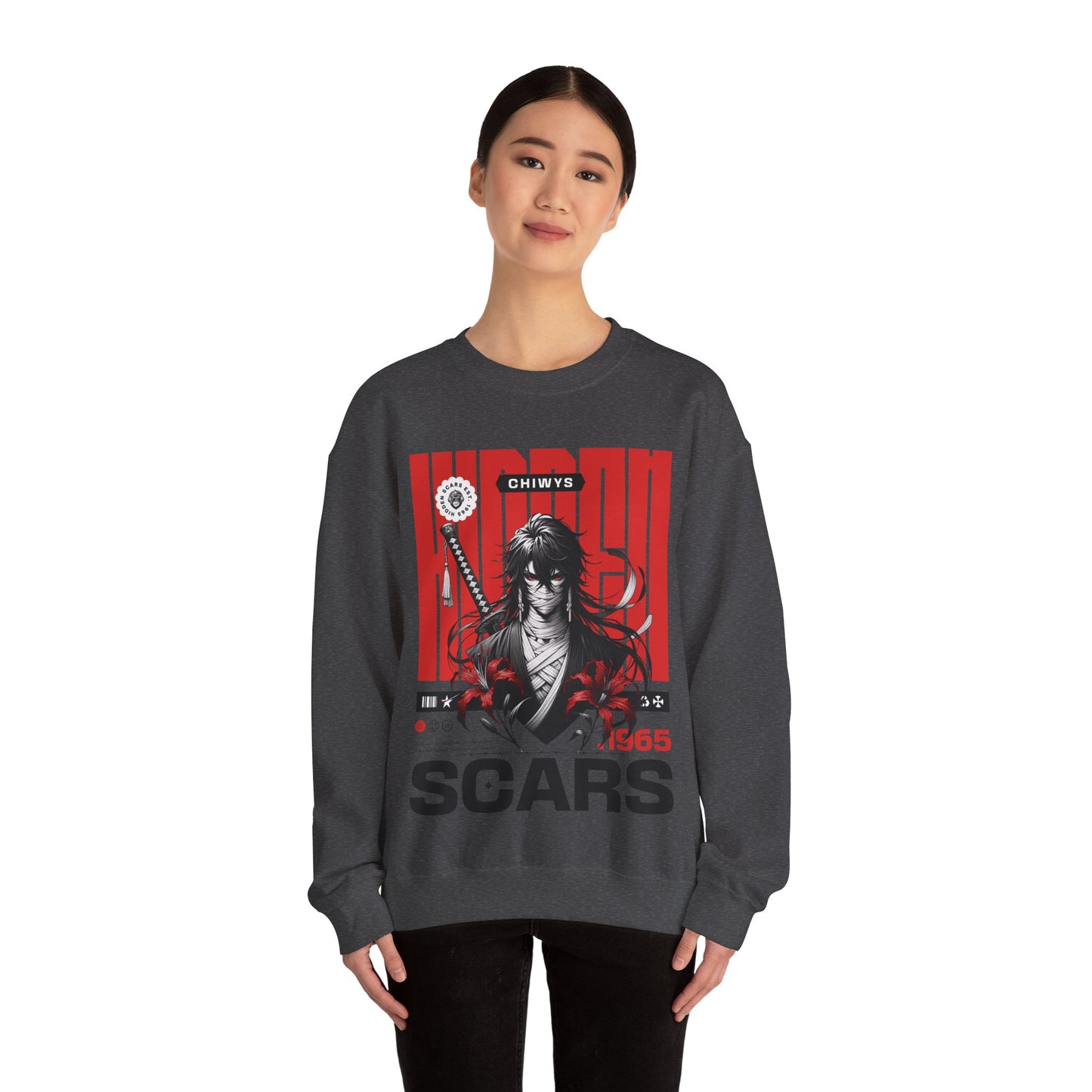 Chica con Sudadera unisex con cuello redondo Heavy Blend™ Samurai, Anime color Gris.