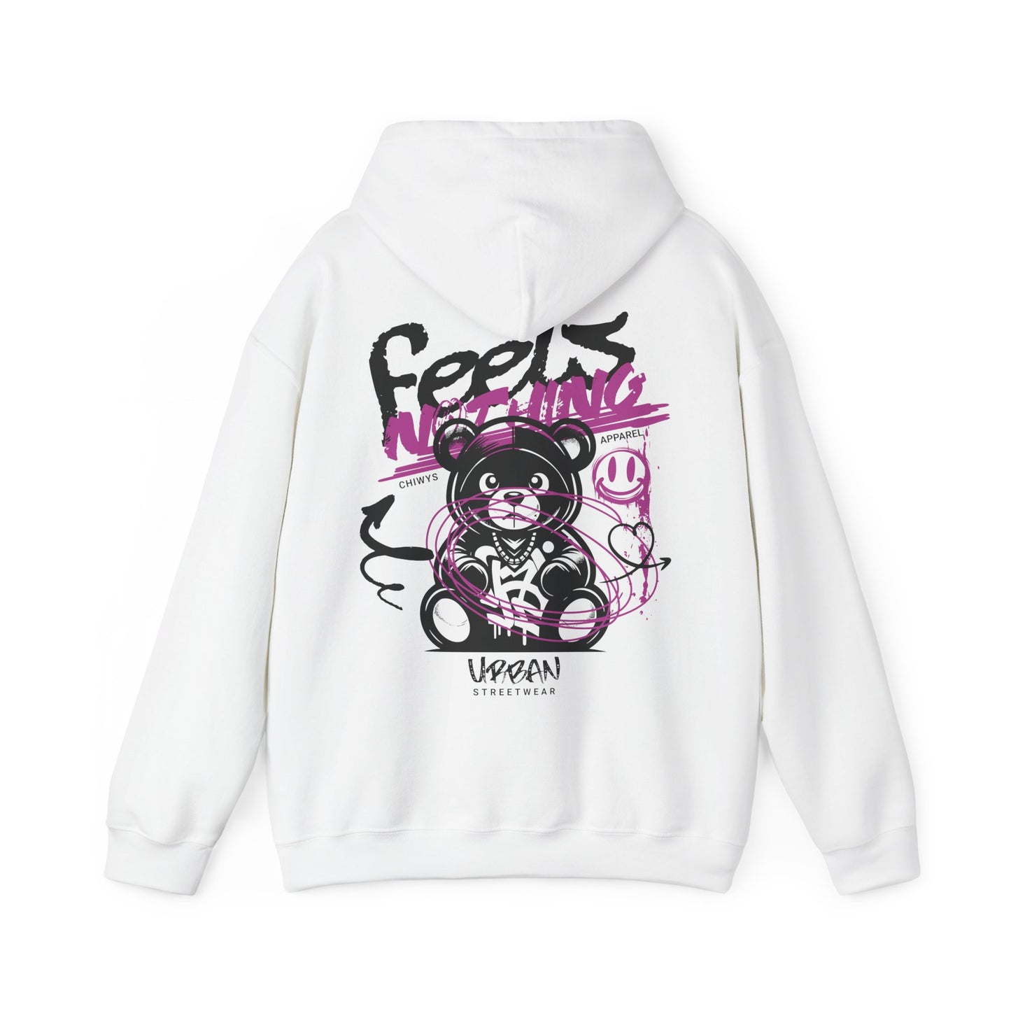 Sudadera con capucha gráfica unisex de moda - "Feels Nothing" Urban Streetwear, color Blanco.