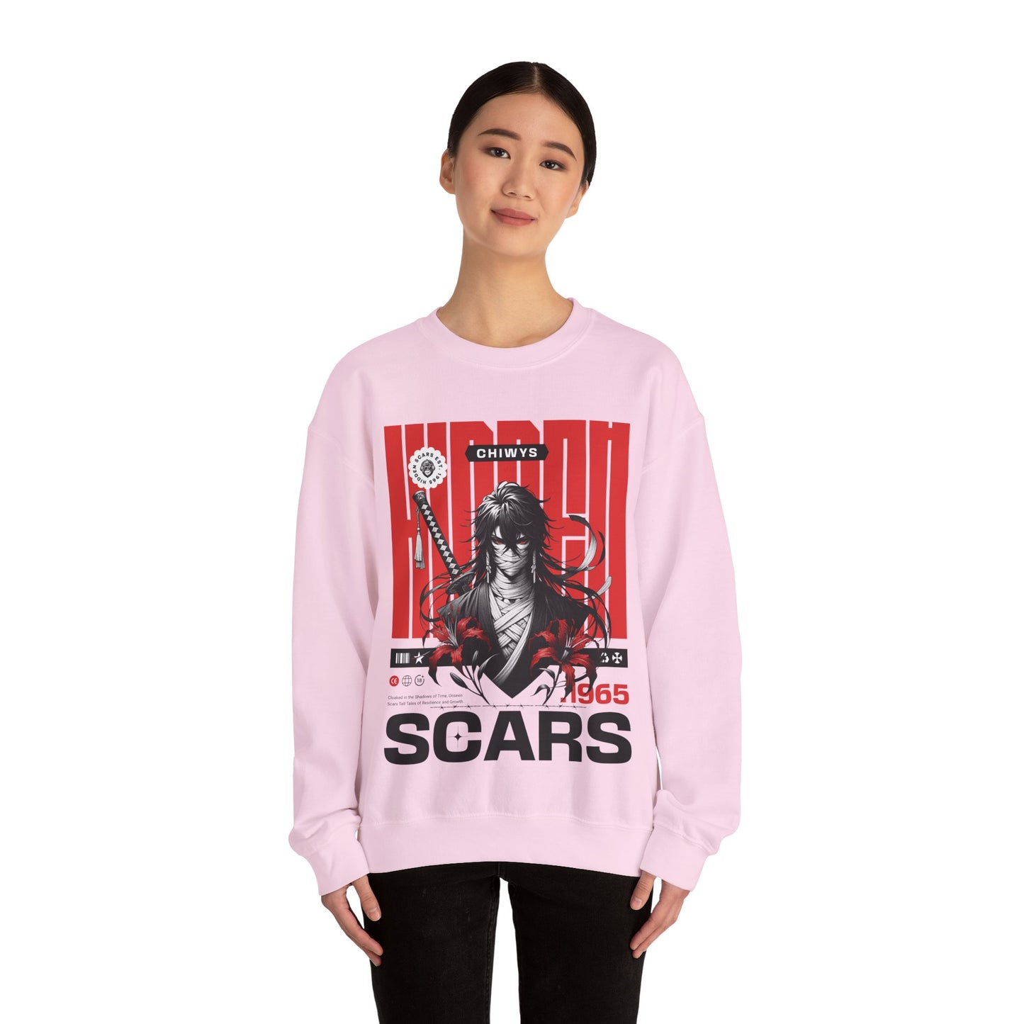 Chica con Sudadera unisex con cuello redondo Heavy Blend™ Samurai tipo anime, color rosa