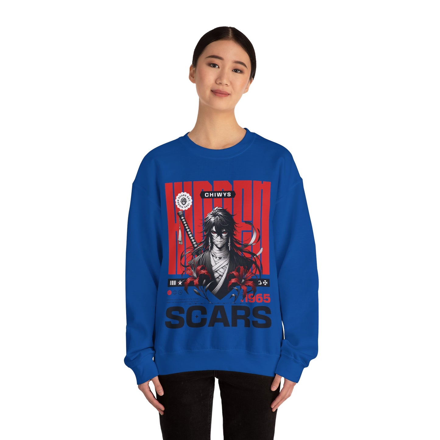 Chica Con Sudadera unisex con cuello redondo Heavy Blend™ Samurai tipo anime de color Azul