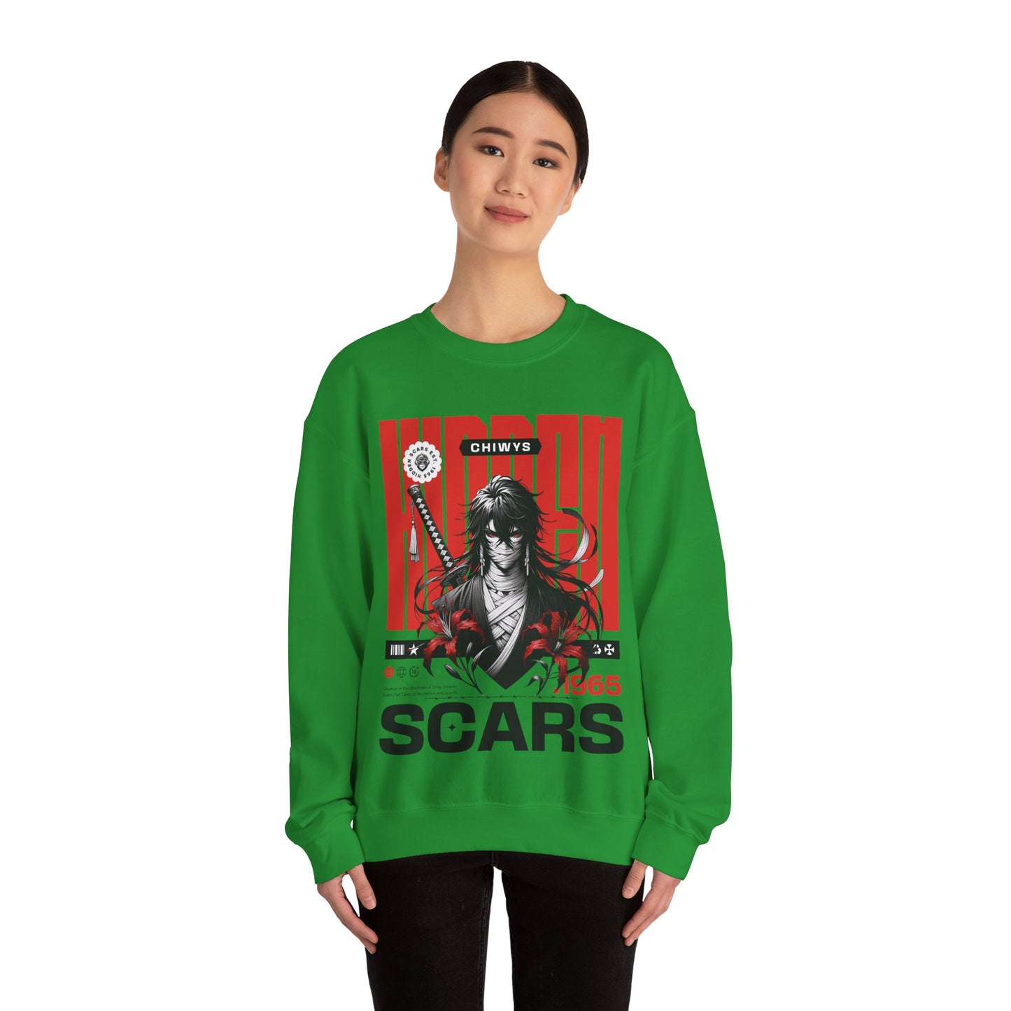 Chica con Sudadera unisex con cuello redondo Heavy Blend™ Samurai, color verde Claro.
