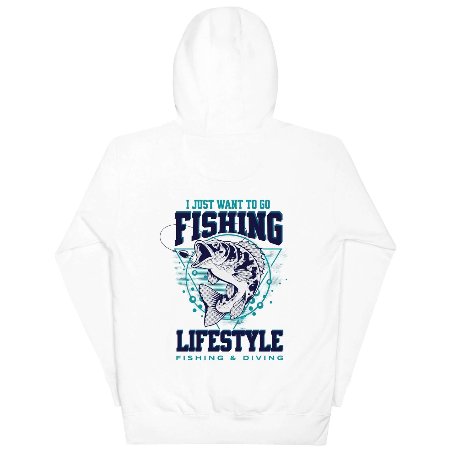 Sudadera con capucha Fishing Lifestyle con diseño de pez y texto "I Just Want to Go Fishing" en blanco.