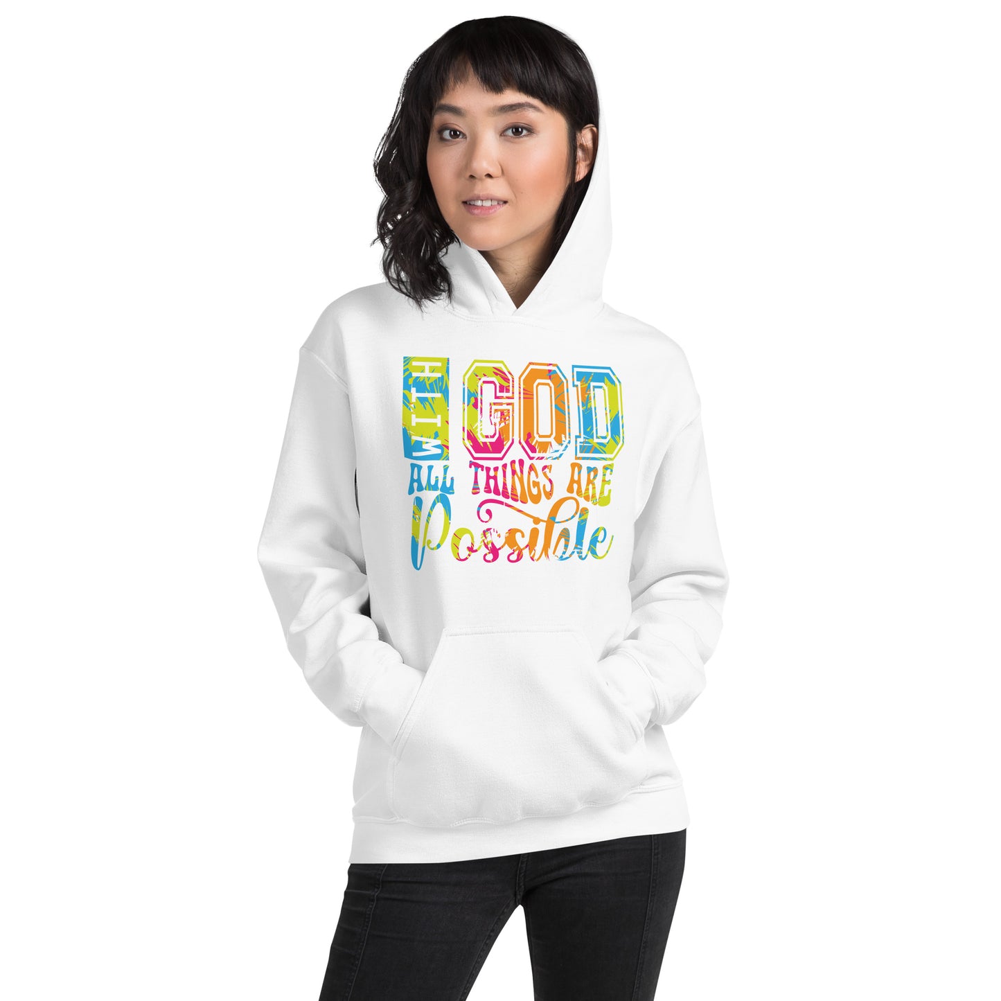 Sudadera con capucha unisex With God all things are possible. Todo el mundo necesita una sudadera cómoda con la que abrigarse y estar a la moda en el día a día. Y si además es suave, cálida y elegante como esta, mejor que mejor. ¡Ideal también para las no
