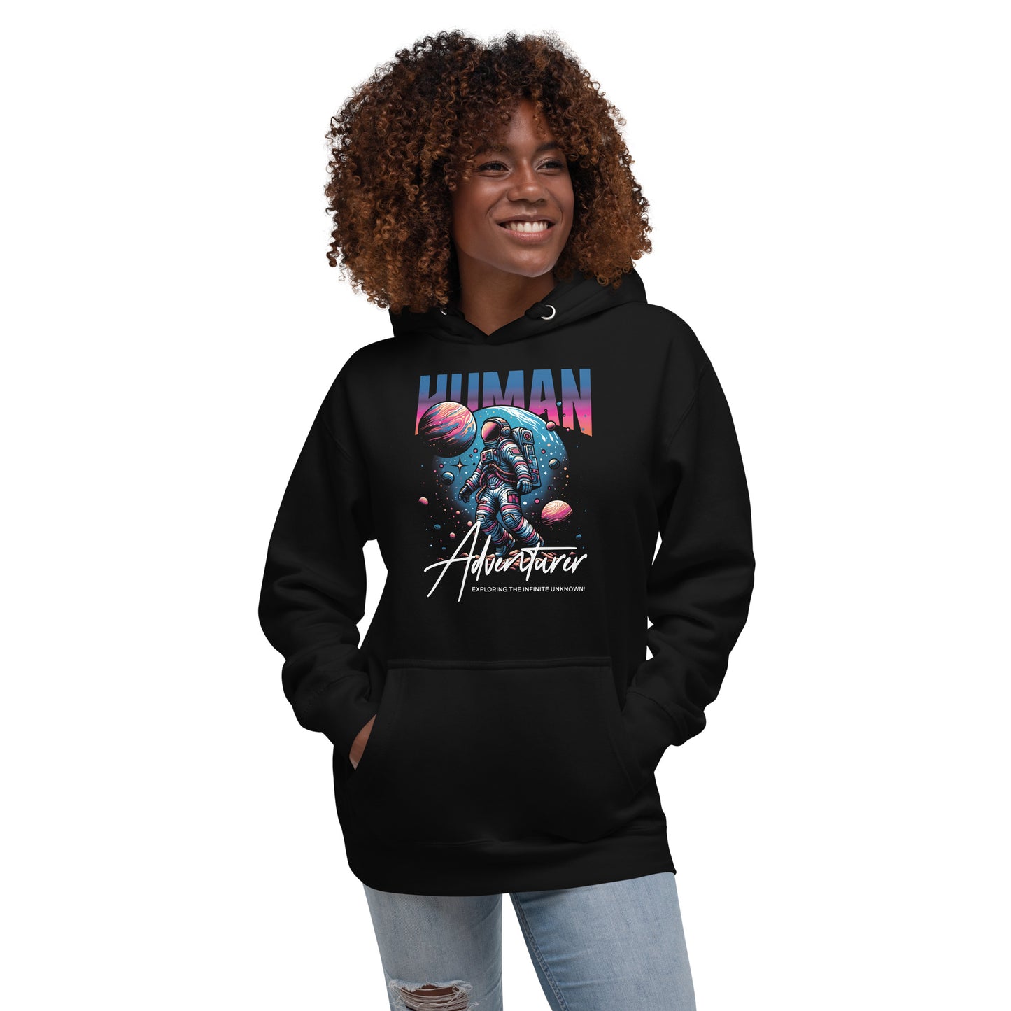 Sudadera con capucha unisex Sudadera Human Adventurer. Quién te iba a decir que una sudadera con un diseño tan increíble pudiera ser tan suave. No te arrepentirás de comprar esta pieza de streetwear única con un conveniente bolsillo frontal y una capucha
