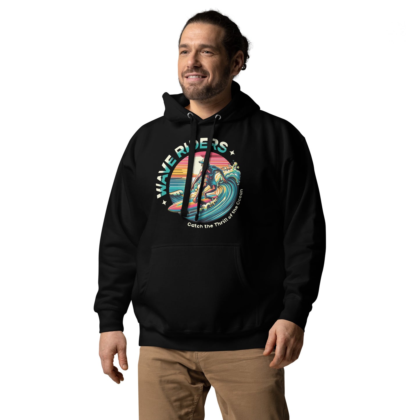 Sudadera con capucha unisex Wave Riders. Quién te iba a decir que una sudadera con un diseño tan increíble pudiera ser tan suave. No te arrepentirás de comprar esta pieza de streetwear única con un conveniente bolsillo frontal y una capucha calentita para