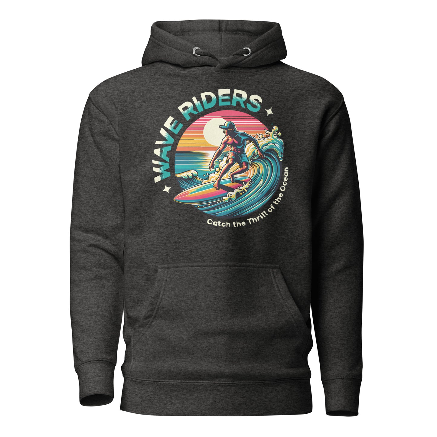 Sudadera con capucha unisex Wave Riders. Quién te iba a decir que una sudadera con un diseño tan increíble pudiera ser tan suave. No te arrepentirás de comprar esta pieza de streetwear única con un conveniente bolsillo frontal y una capucha calentita para