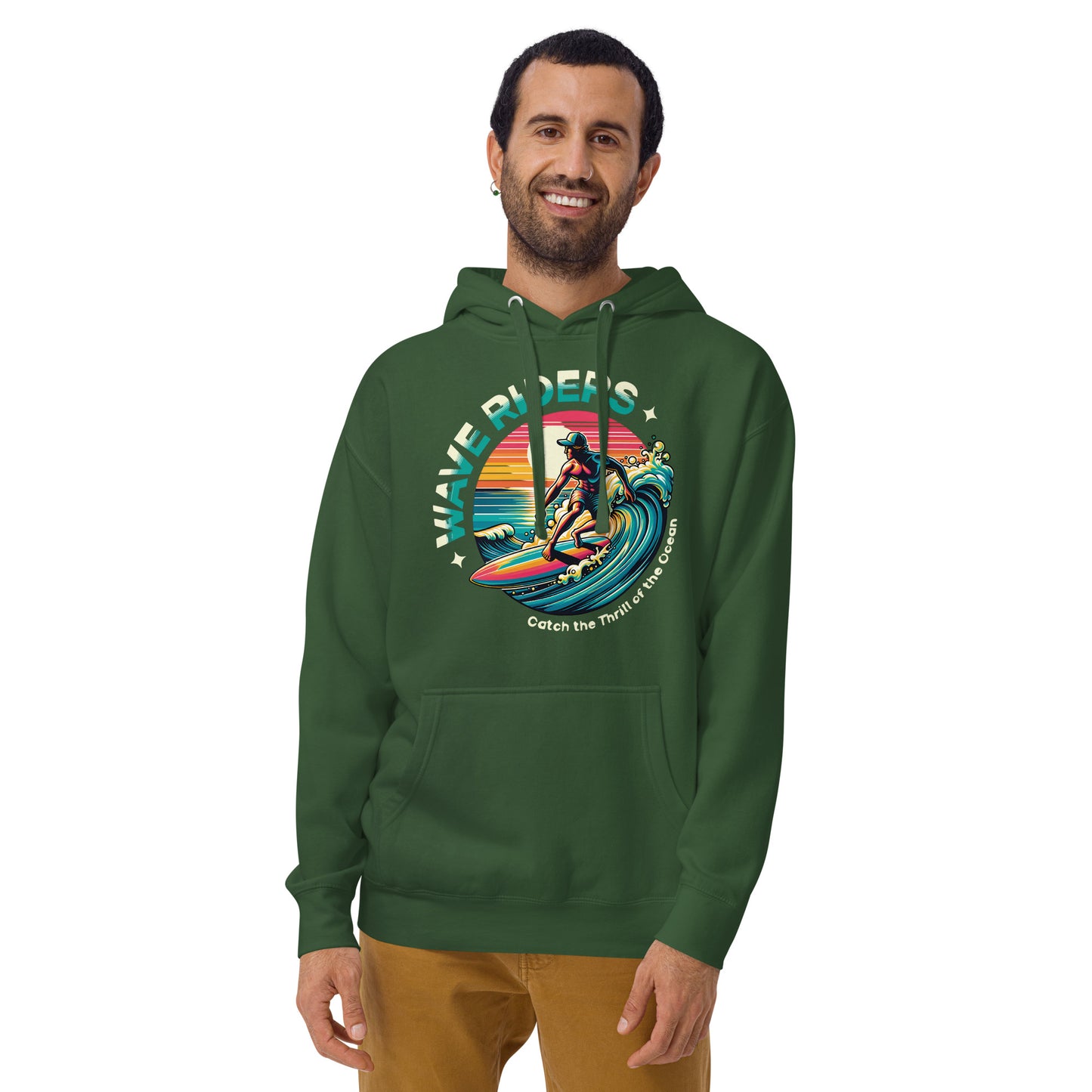 Sudadera con capucha unisex Wave Riders. Quién te iba a decir que una sudadera con un diseño tan increíble pudiera ser tan suave. No te arrepentirás de comprar esta pieza de streetwear única con un conveniente bolsillo frontal y una capucha calentita para