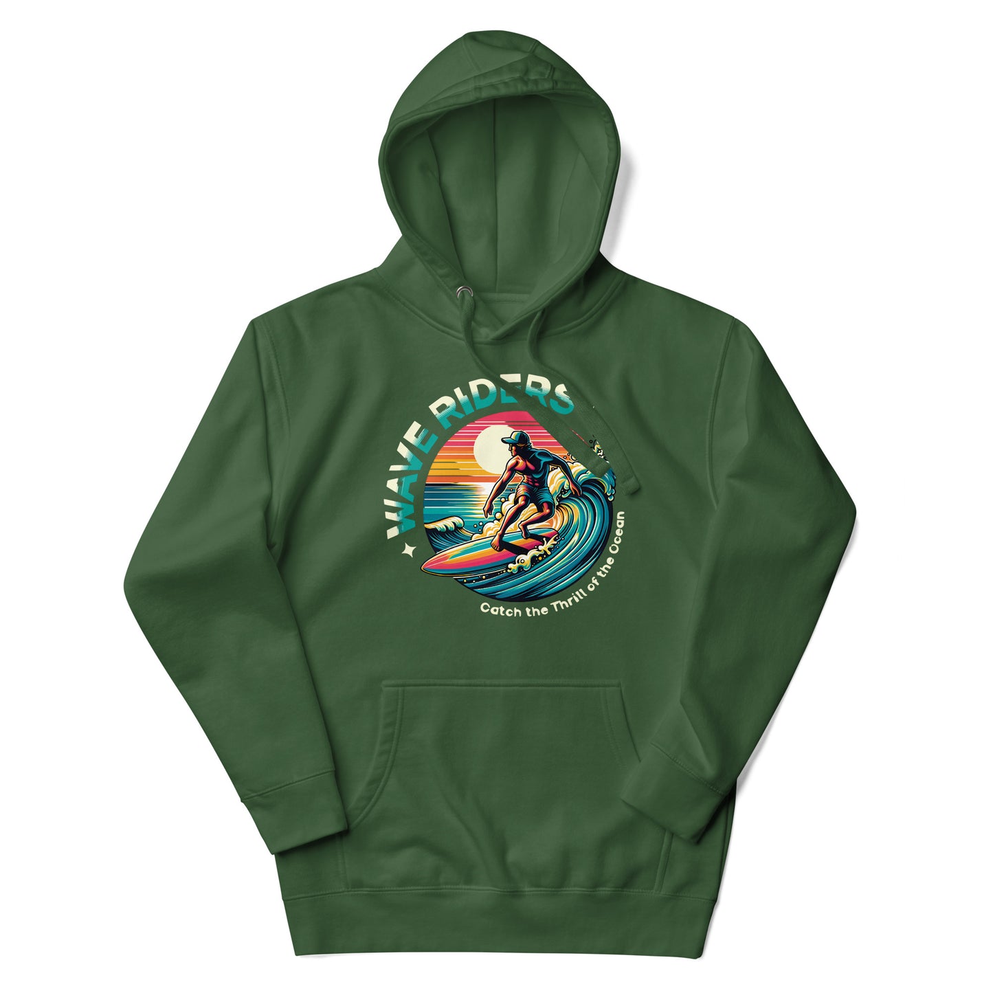 Sudadera con capucha unisex Wave Riders. Quién te iba a decir que una sudadera con un diseño tan increíble pudiera ser tan suave. No te arrepentirás de comprar esta pieza de streetwear única con un conveniente bolsillo frontal y una capucha calentita para