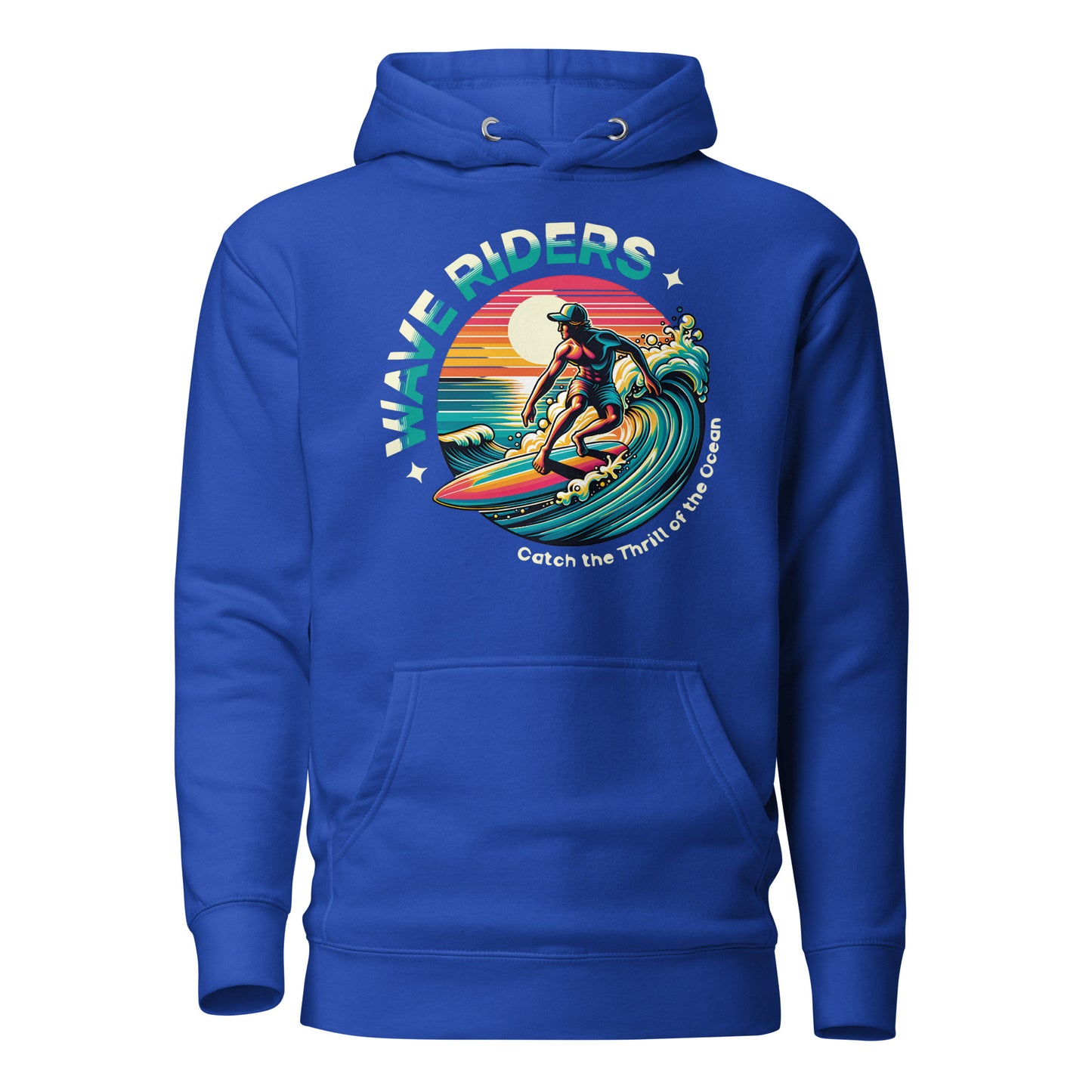 Sudadera con capucha unisex Wave Riders. Quién te iba a decir que una sudadera con un diseño tan increíble pudiera ser tan suave. No te arrepentirás de comprar esta pieza de streetwear única con un conveniente bolsillo frontal y una capucha calentita para