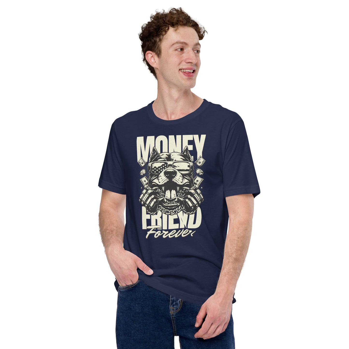 Camiseta Money Friend Money Friend Forever. Esta camiseta es todo lo que has soñado y más. Es suave y ligera, con la cantidad justa de elasticidad. Además, es cómoda y realza la figura de todo el que la lleva puesta. • 100% algodón peinado e hilado en ani