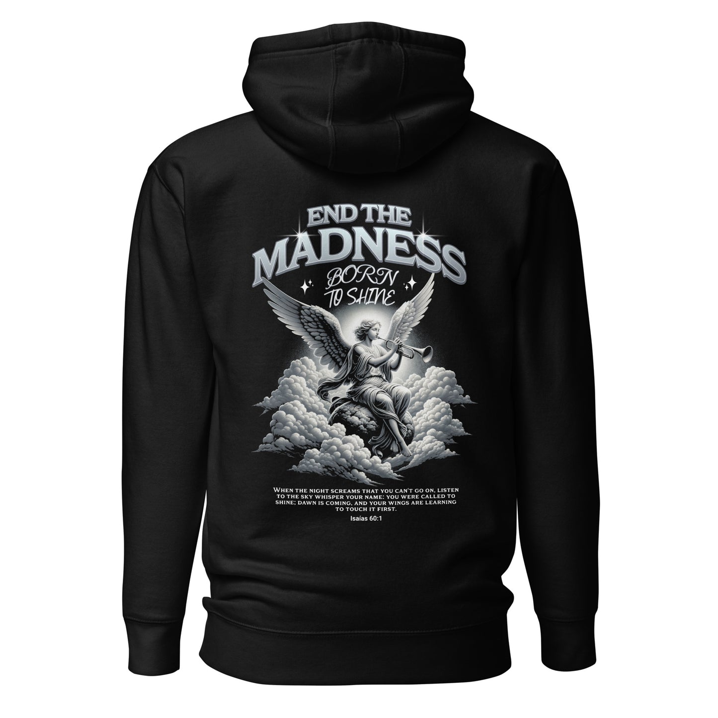 Sudadera Born to Shine con diseño angelical, mensaje de Luz y estilo urbano, ideal para jóvenes.