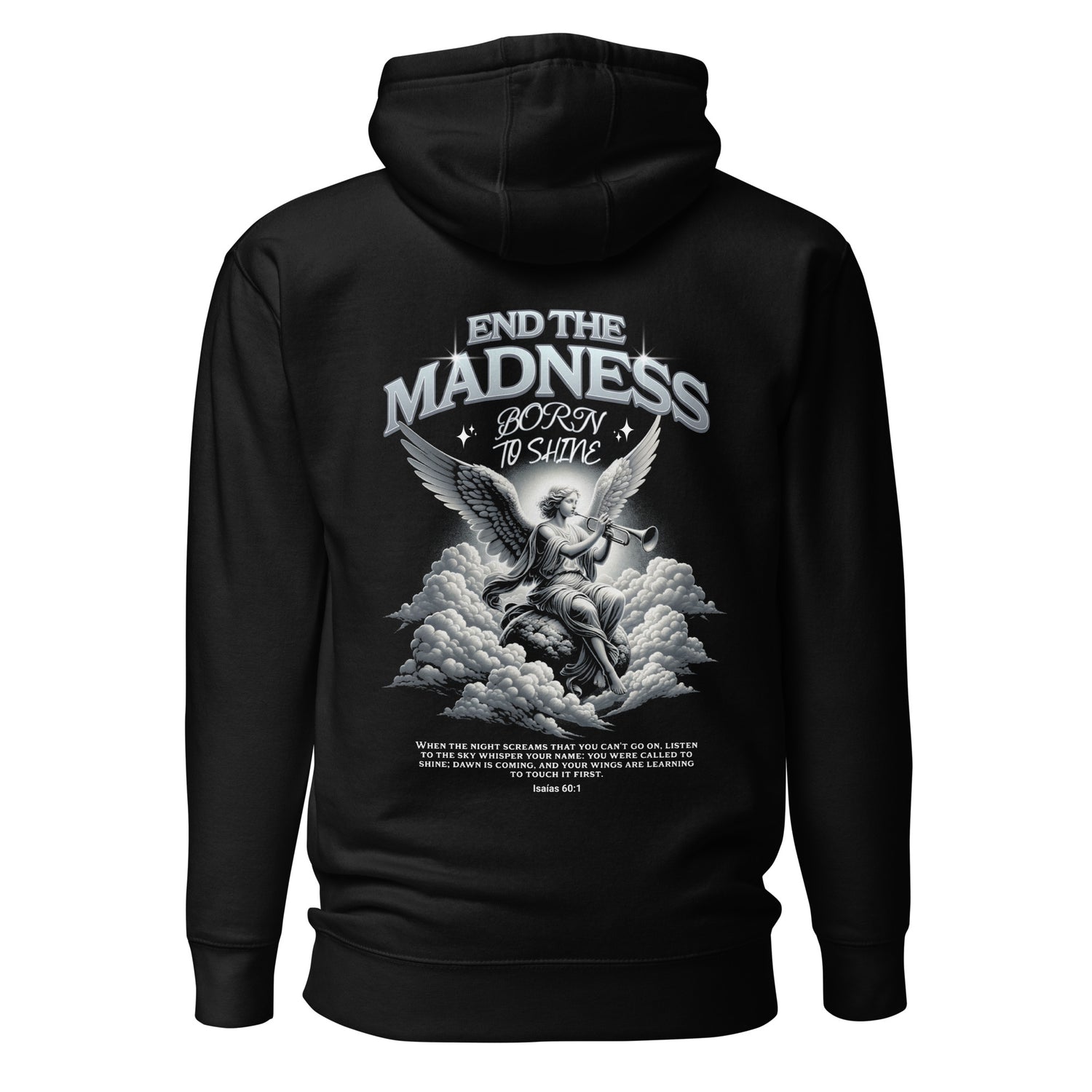 Sudadera Born to Shine con diseño angelical, mensaje de Luz y estilo urbano, ideal para jóvenes.