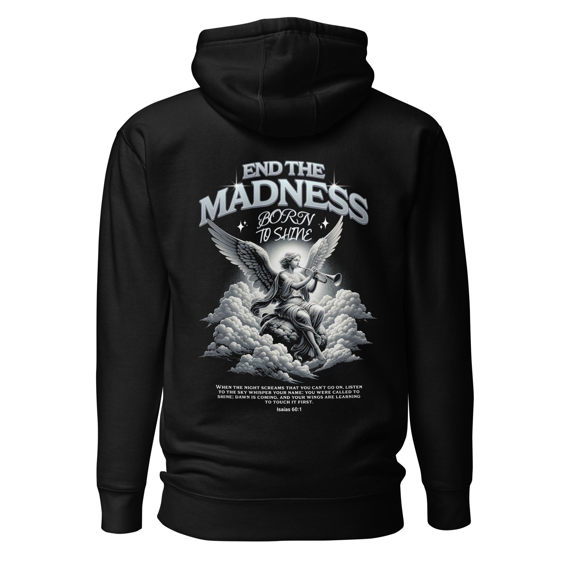 Sudadera Born to Shine con diseño angelical, mensaje de Luz y estilo urbano, ideal para jóvenes.