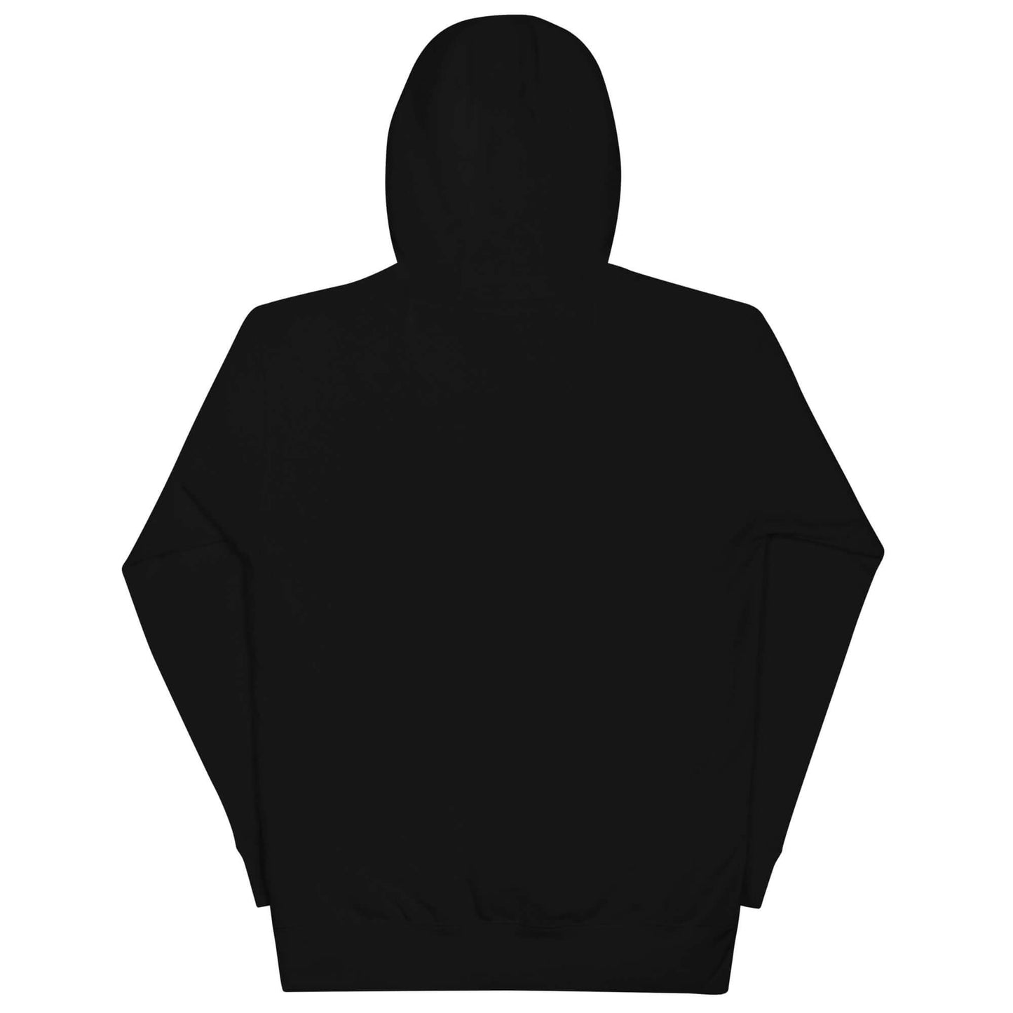 Sudadera con capucha unisex negra vista trasera, diseño de streetwear cómodo y estiloso.