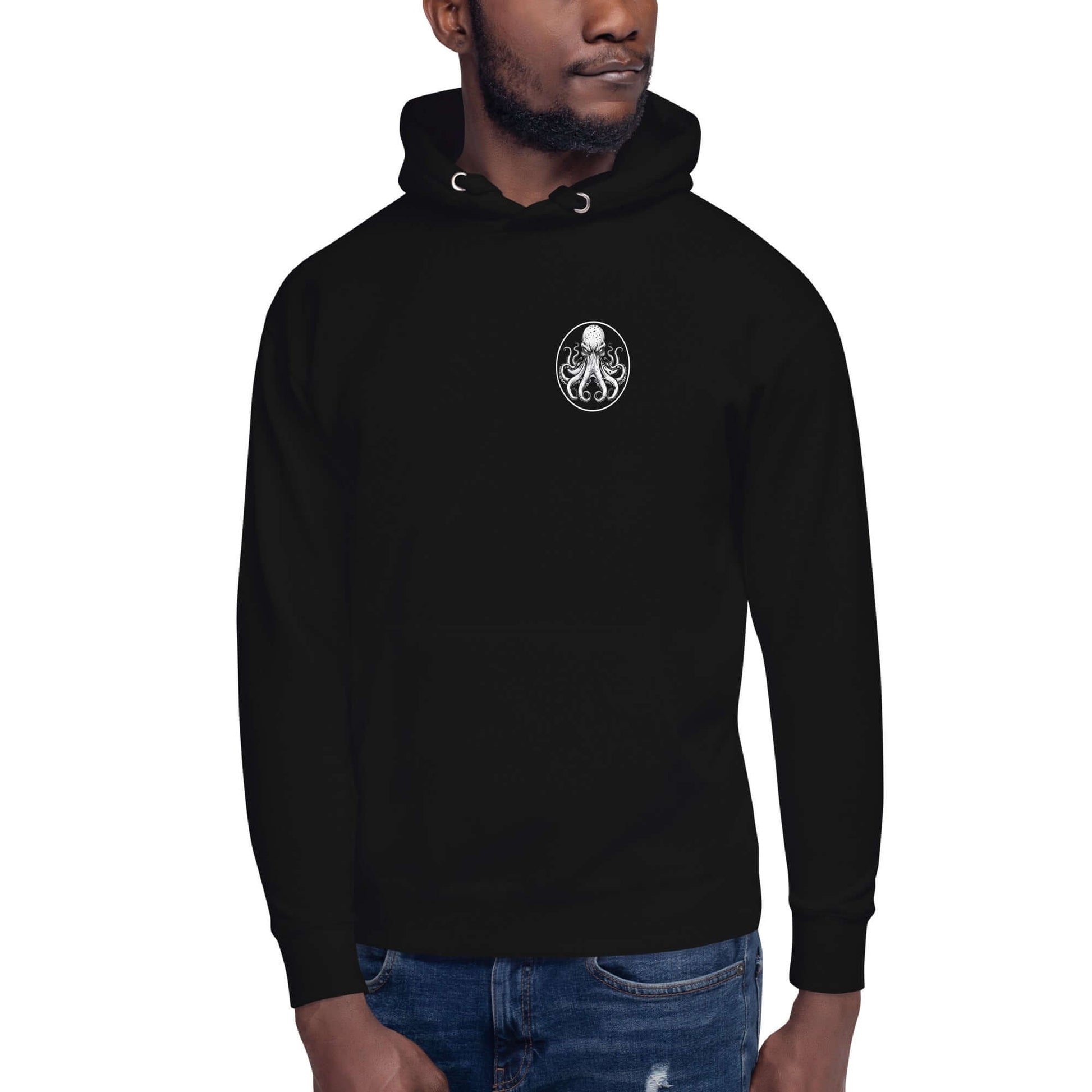 Sudadera con capucha unisex Pulpo Pirata en color negro con gráfico de pulpo en el pecho.