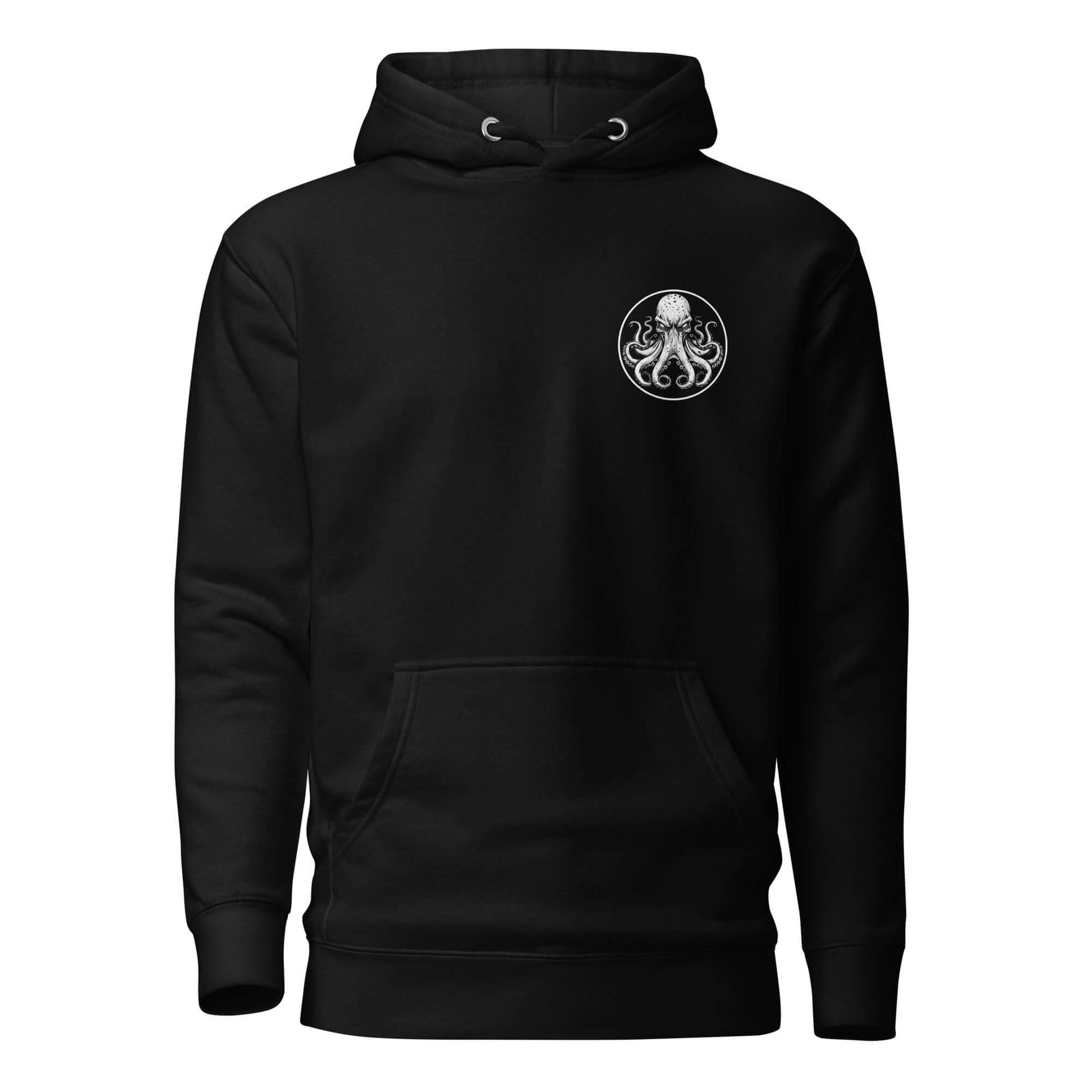 Sudadera con capucha unisex Pulpo Pirata, negra, con diseño de pulpo en el pecho y bolsillo frontal tipo canguro.