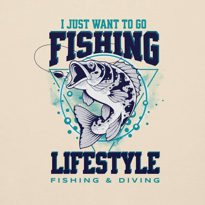 Diseño de sudadera con capucha Fishing Lifestyle con pez y texto llamativo sobre pesca.