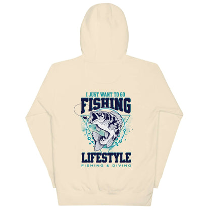 Sudadera con capucha Fishing Lifestyle con diseño de pez y texto "I Just Want to Go Fishing" en el dorso.