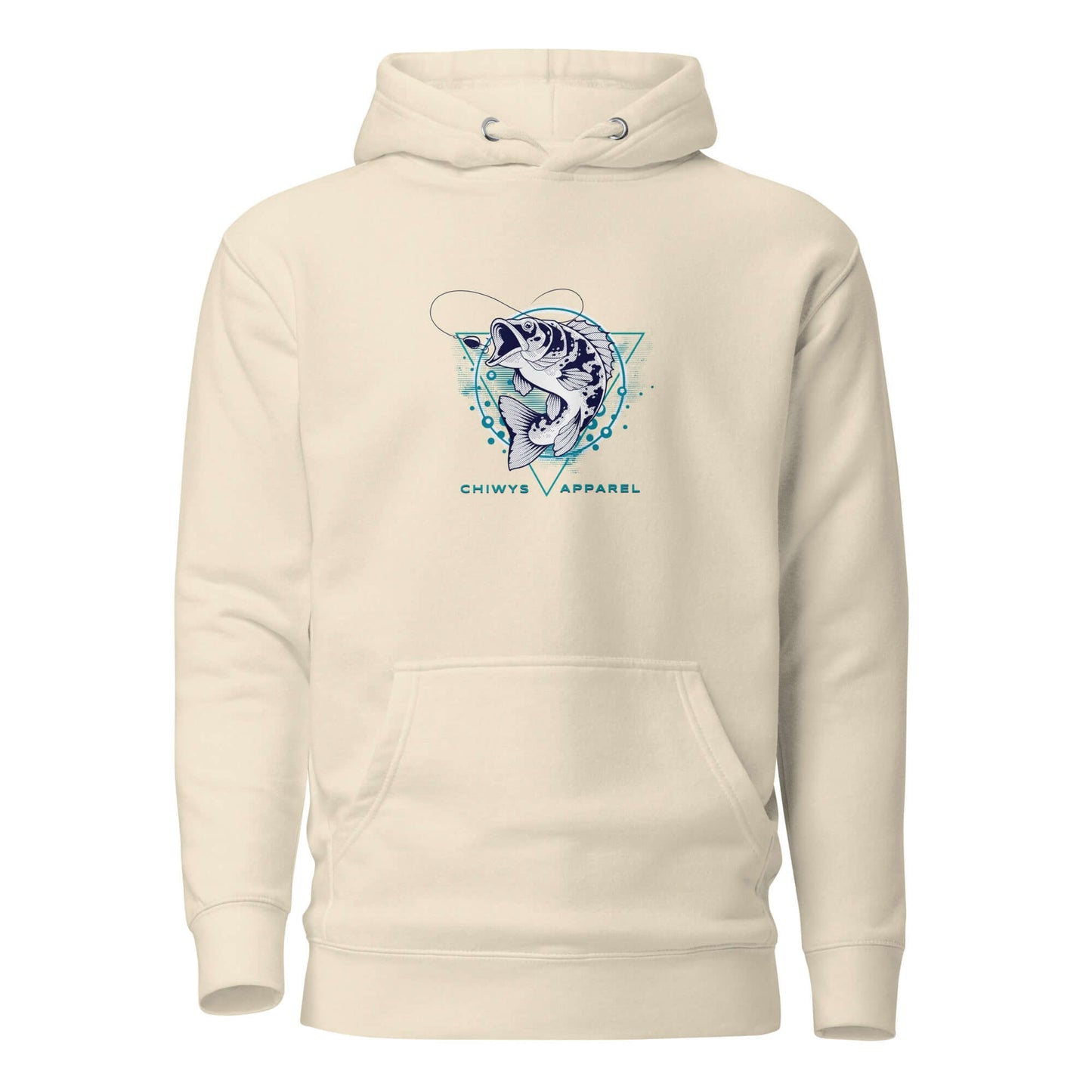 Sudadera con capucha Fishing Lifestyle en color beige con diseño de pez y logo de Chiwy's Apparel.