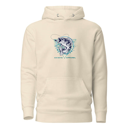Sudadera con capucha Fishing Lifestyle en color beige con diseño de pez y logo de Chiwy's Apparel.