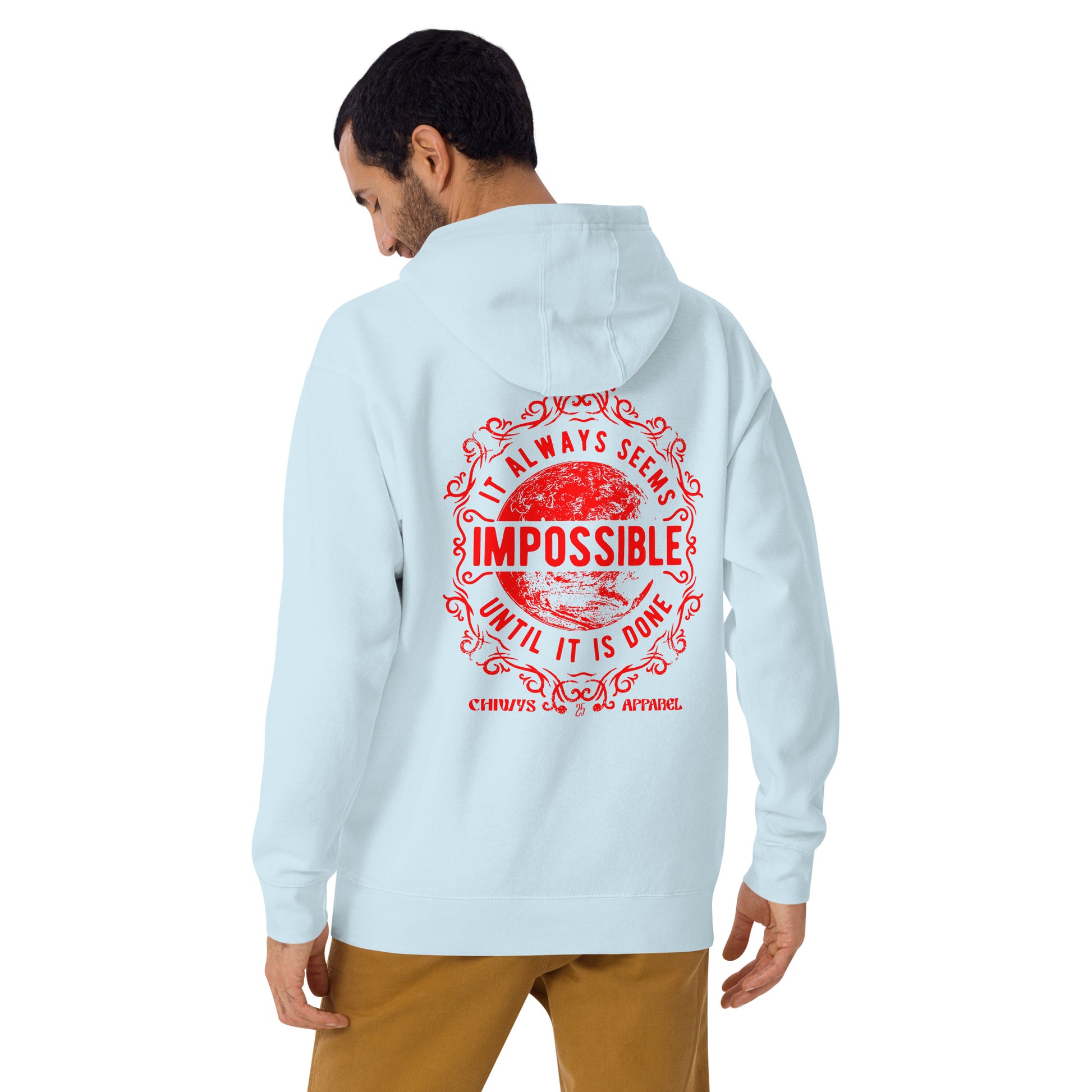 Sudadera de motivacion con mensaje 'Always Seems Impossible', perfecta para inspirar y perseguir sueños.