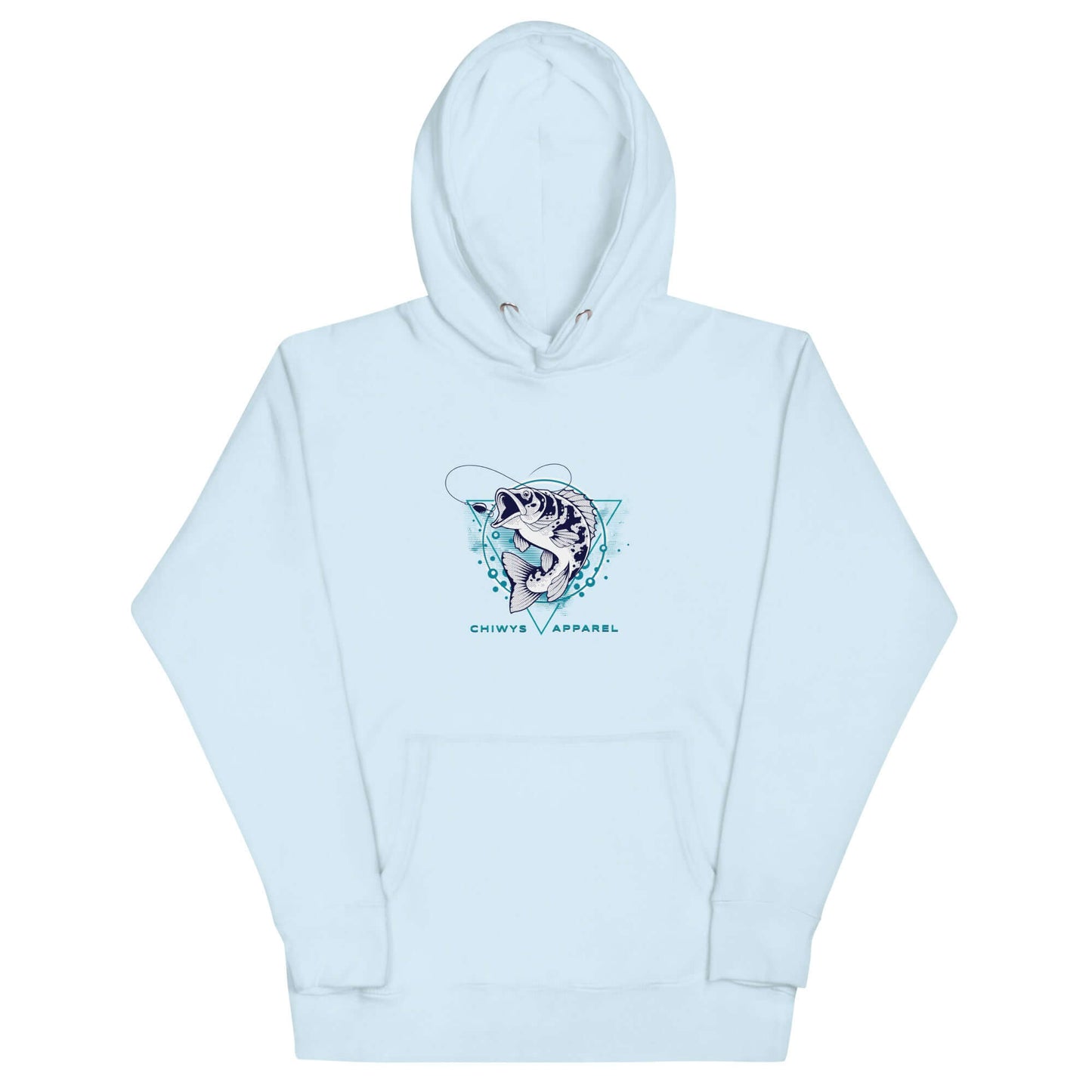Sudadera con capucha Fishing Lifestyle en color azul claro con diseño de pez y logo de Chivy's Apparel.