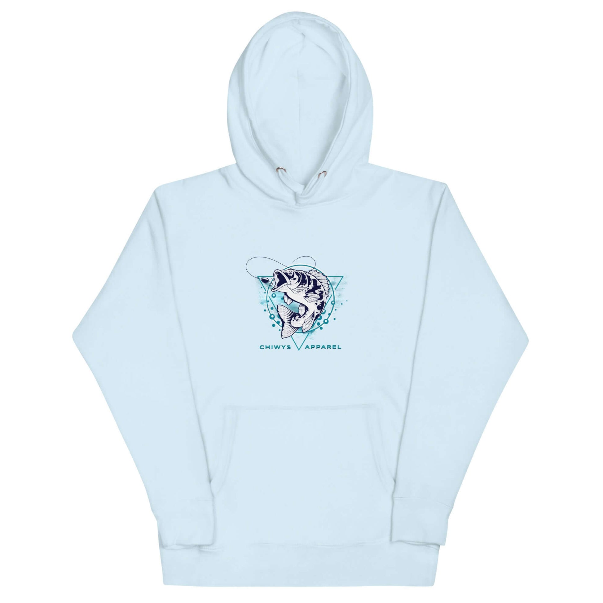 Sudadera con capucha Fishing Lifestyle en color azul claro con diseño de pez y logo de Chivy's Apparel.
