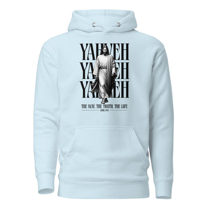 Sudadera con capucha unisex YAHVEH, un diseño cristiana que fusiona confort y mensaje espiritual.