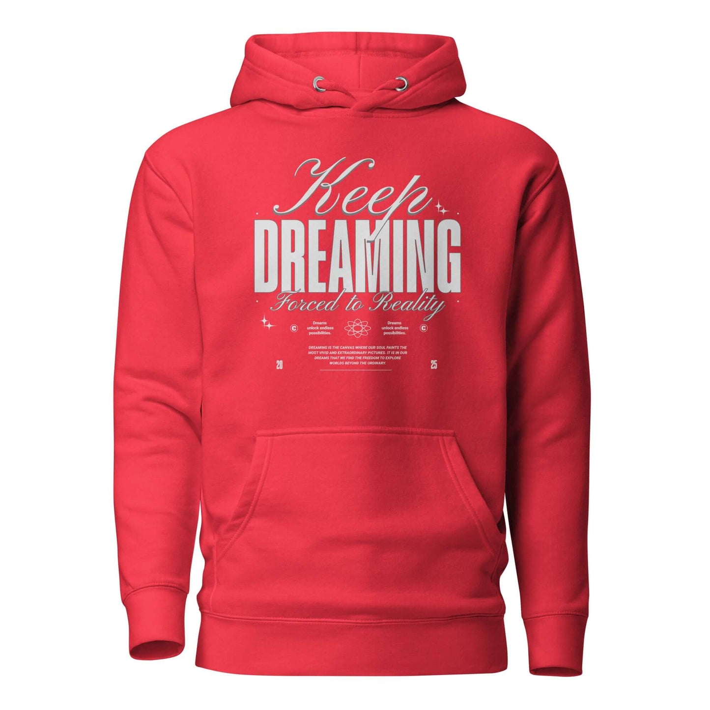 Sudadera con capucha Keep Dreaming de color rojo con diseño gráfico y bolsillo frontal.