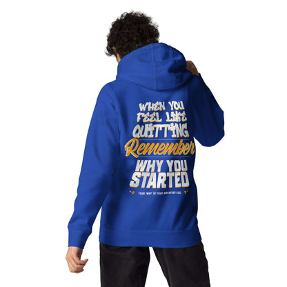 Sudadera con capucha unisex Motivacional con mensaje inspirador en la parte trasera, diseño en azul vibrante.