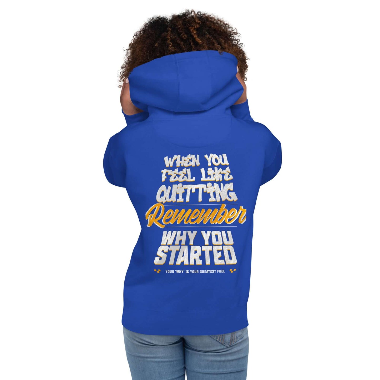 Sudadera con capucha unisex Motivacional en color azul con diseño inspirador en la parte trasera.