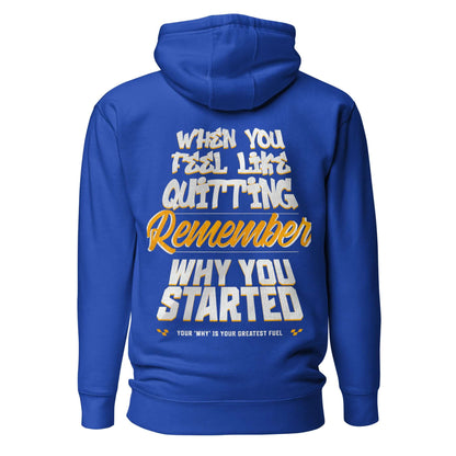 Sudadera con capucha unisex Motivacional en color azul con mensaje inspirador en la parte trasera.