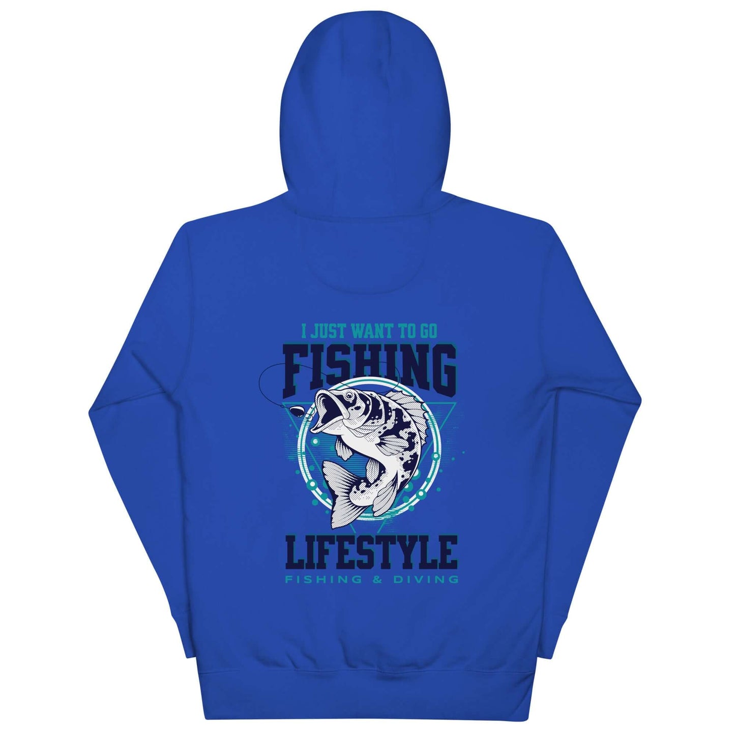Sudadera con capucha Fishing Lifestyle en color azul con diseño de pez y texto divertido sobre la vida de pesca.