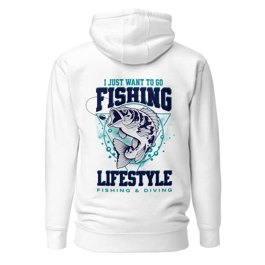 Sudadera con capucha Fishing Lifestyle con diseño asociado a la pesca y el buceo, ideal para amantes del streetwear.