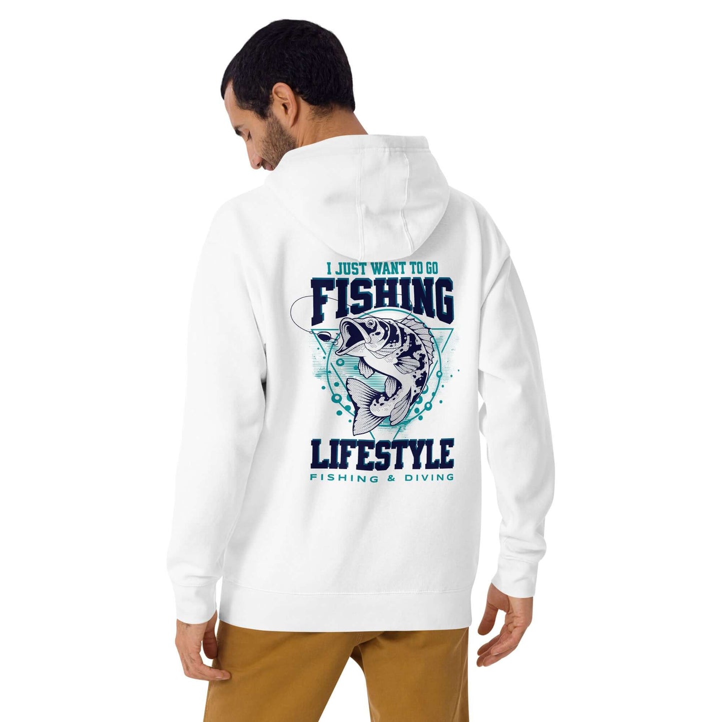 Sudadera con capucha Fishing Lifestyle, diseño de pez en la espalda, ideal para pesca y actividades al aire libre.