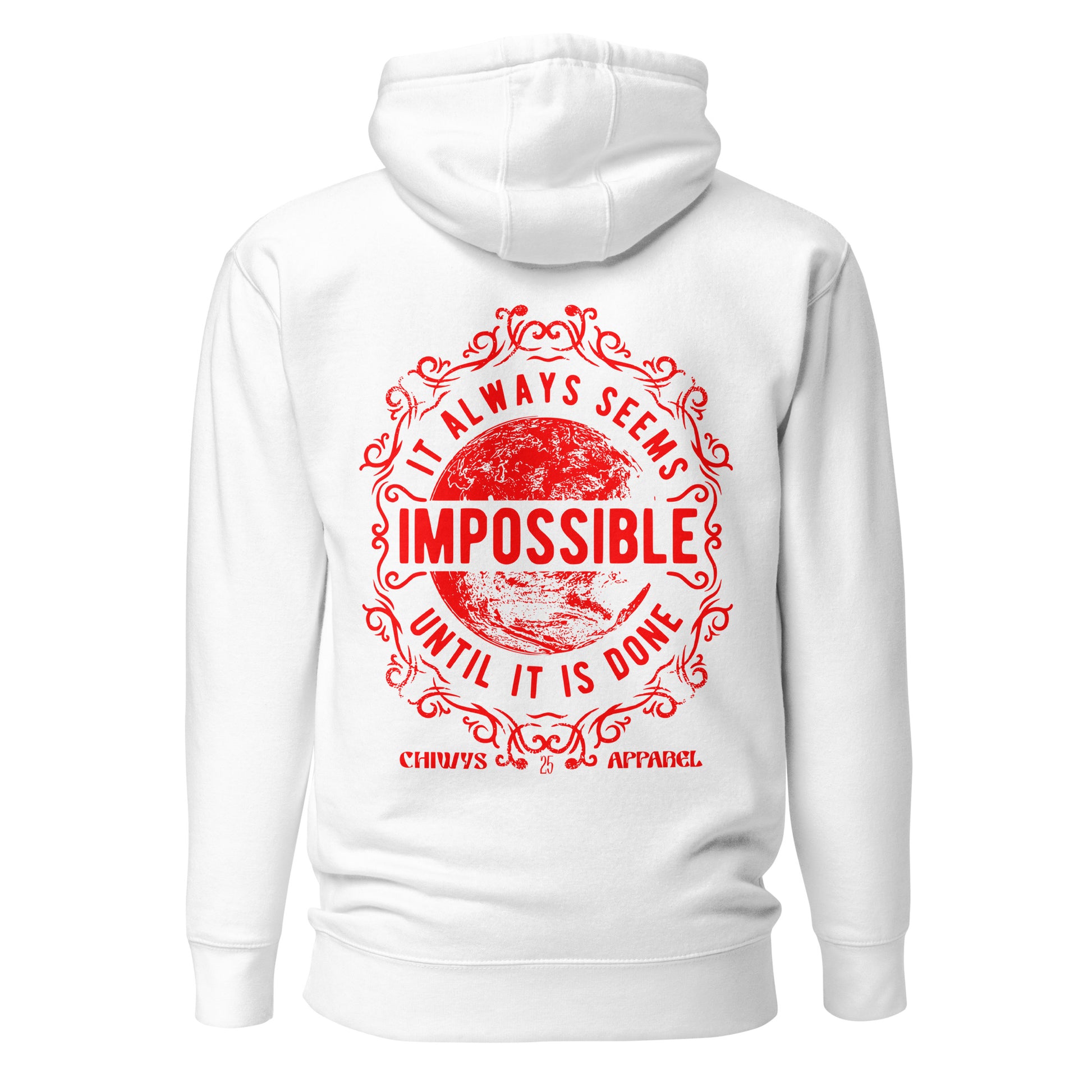 Sudadera blanca con mensaje 'Always Seems Impossible', perfecta para motivacion y confort diario.