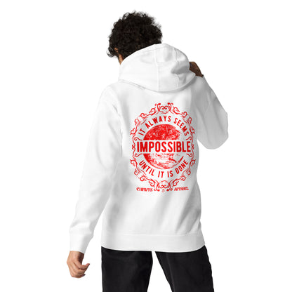 Sudadera blanca con mensaje 'Always Seems Impossible', ideal para motivacion y comodidad en el día a día.