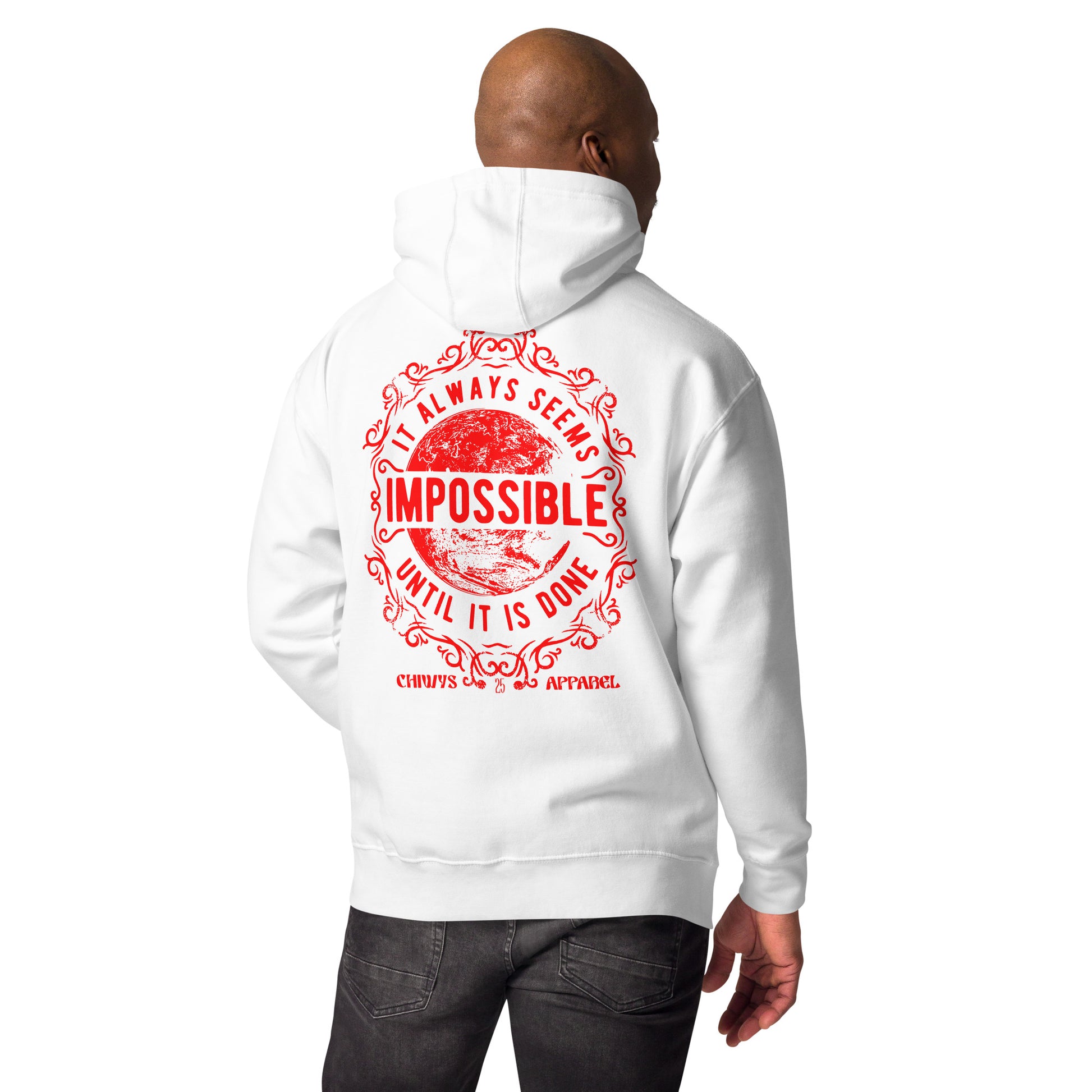 Sudadera blanca con mensaje motivacional "Always Seems Impossible" en la parte de atrás, ideal para motivacion diaria.