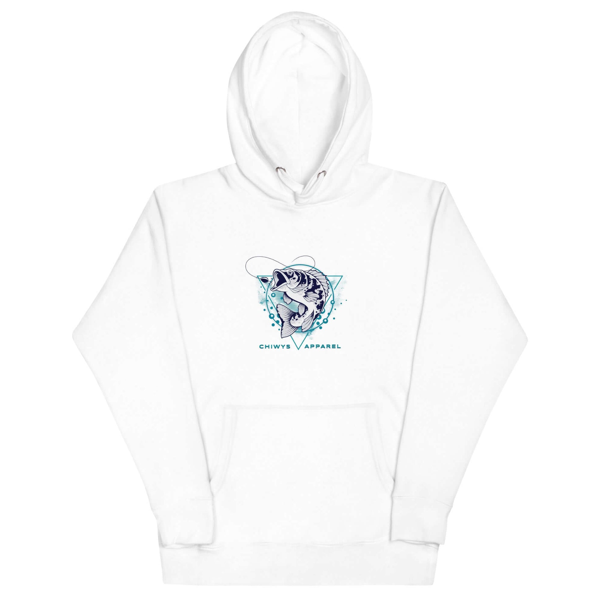 Sudadera con capucha Fishing Lifestyle con diseño de pez y logo de Chiwys Apparel en color blanco.