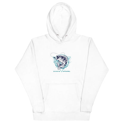 Sudadera con capucha Fishing Lifestyle con diseño de pez y logo de Chiwys Apparel en color blanco.
