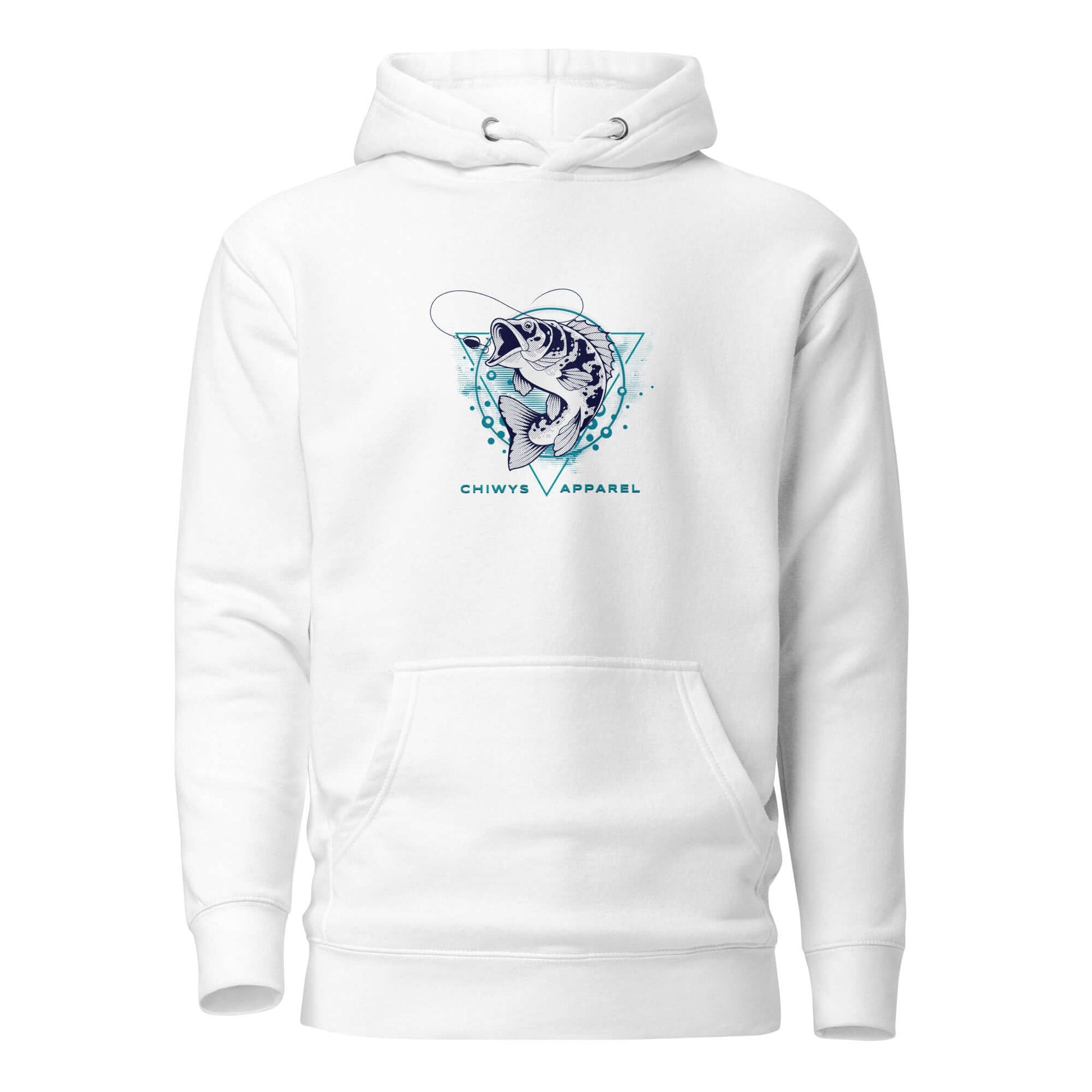 Sudadera con capucha Fishing Lifestyle blanca con diseño de pez y bolsillo frontal.