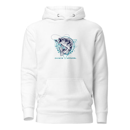 Sudadera con capucha Fishing Lifestyle blanca con diseño de pez y bolsillo frontal.