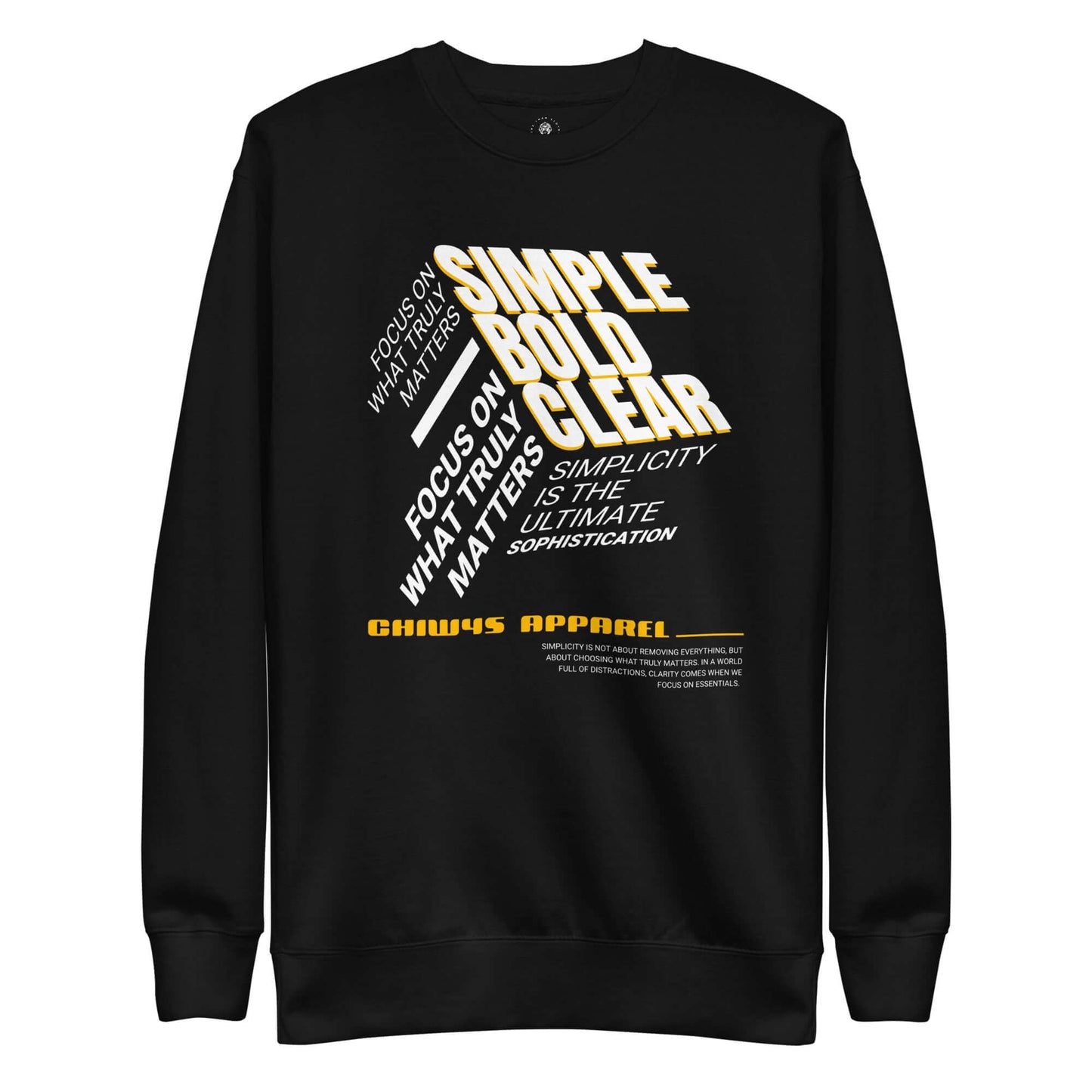 Sudadera gruesa unisex Sencillo y Elegante con diseño minimalista negro y texto amarillo.