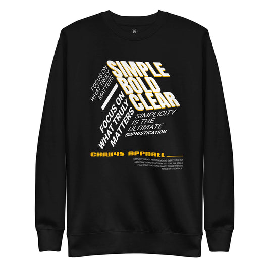Sudadera gruesa unisex Sencillo y Elegante con diseño minimalista negro y texto amarillo.